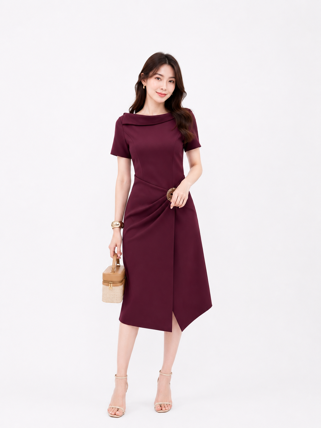 Draped Boat Neck Midi Dress with Gold Brooch