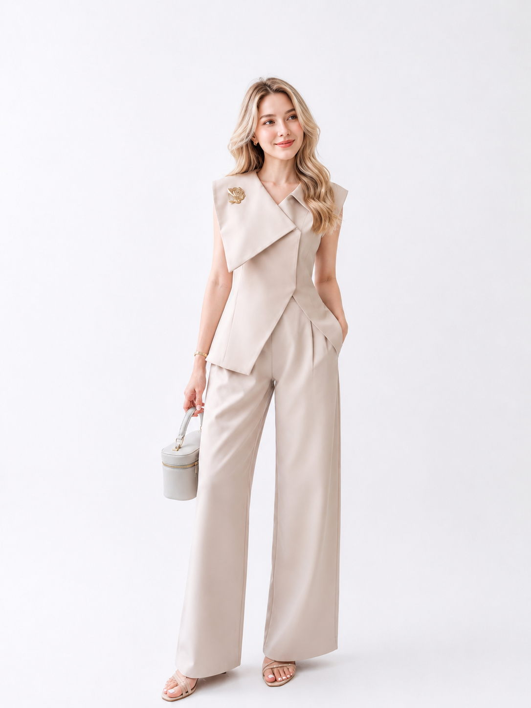 Asymmetric Lapel Vest & Wide-Leg Trouser Set
