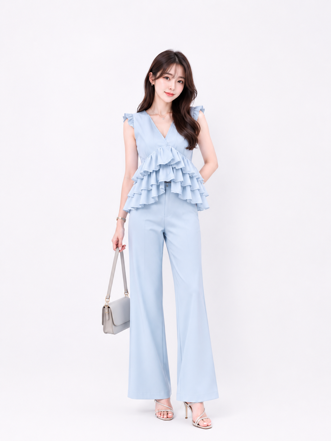 Tiered Ruffle Peplum Top & Wide-Leg Trouser Set
