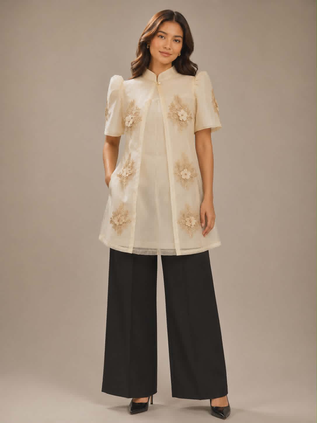 Bloom Floral Embroidered Coat and Strap Dress