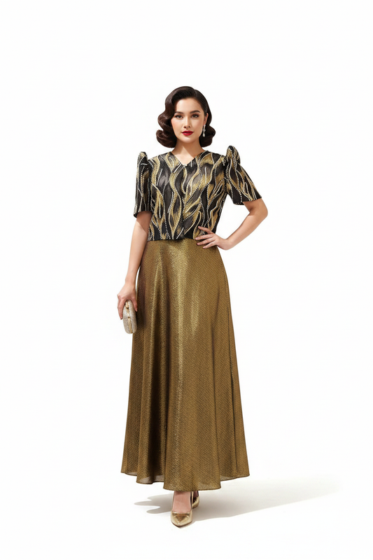 Black Gold Blouse with Gold A-line Skirt