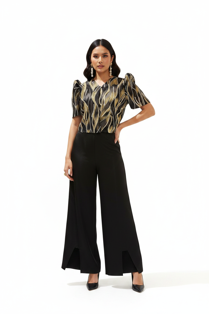 Black Gold Blouse with Wide-leg Palazzo Pants