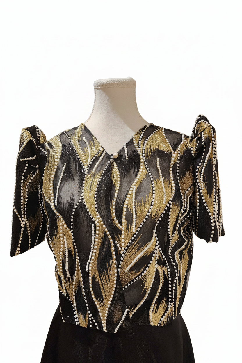 Black Gold Pearl-Beaded Blouse – No Background