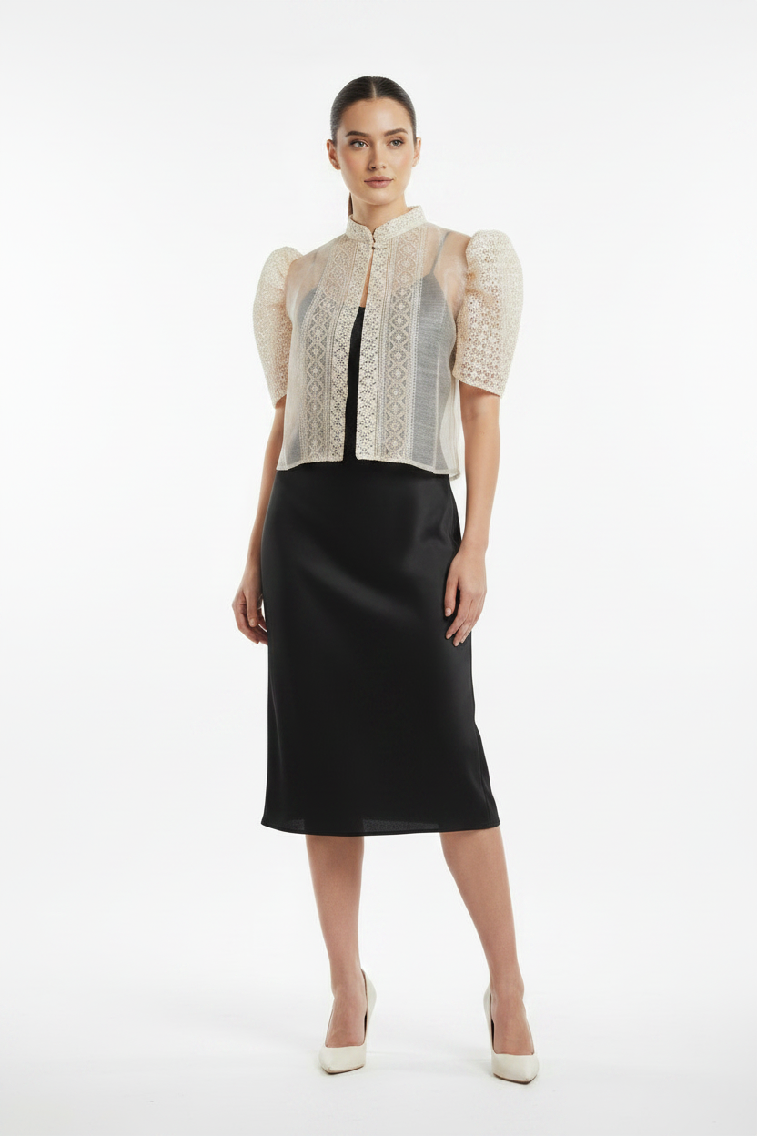 Cream Crochet Lace Bolero over Black Spaghetti Dress