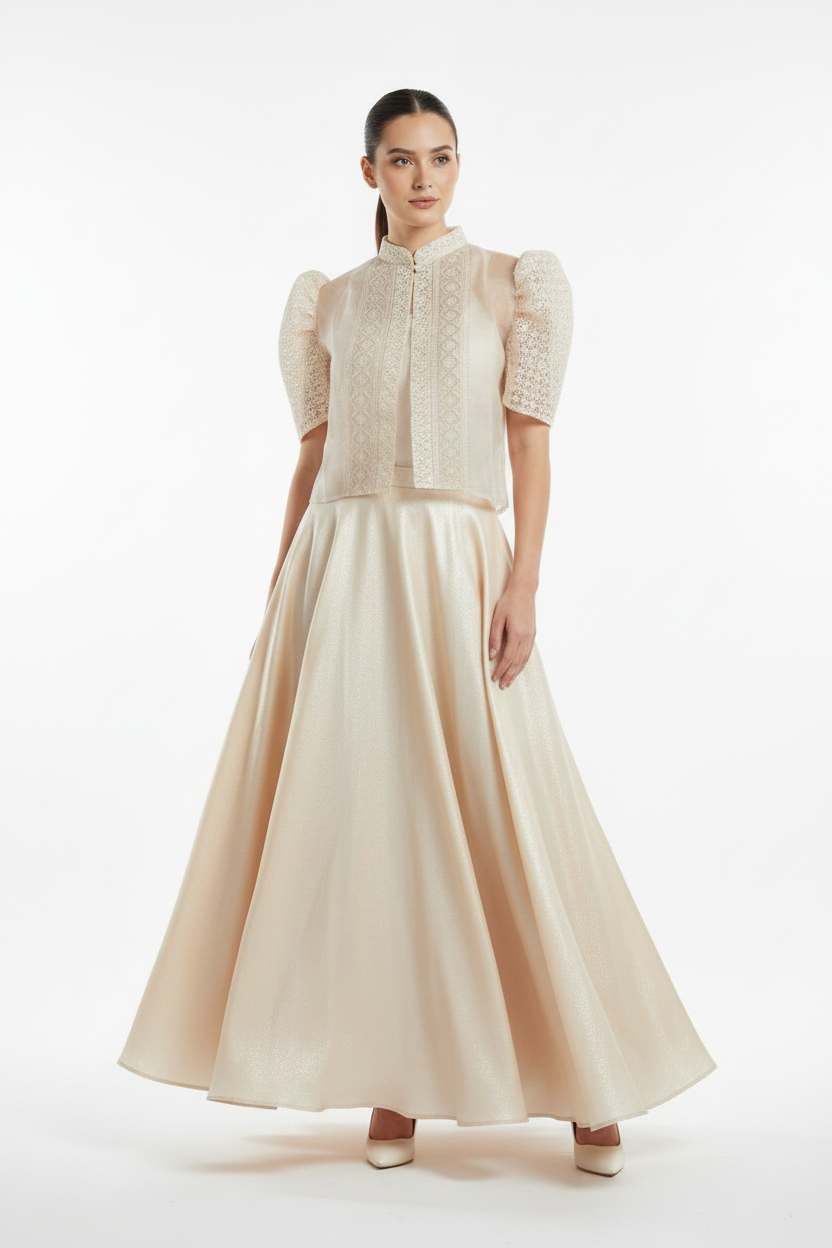 Cream Crochet Lace Bolero with Long Princess Skirt