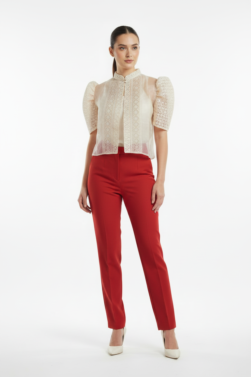 Cream Crochet Lace Bolero with Red Pants