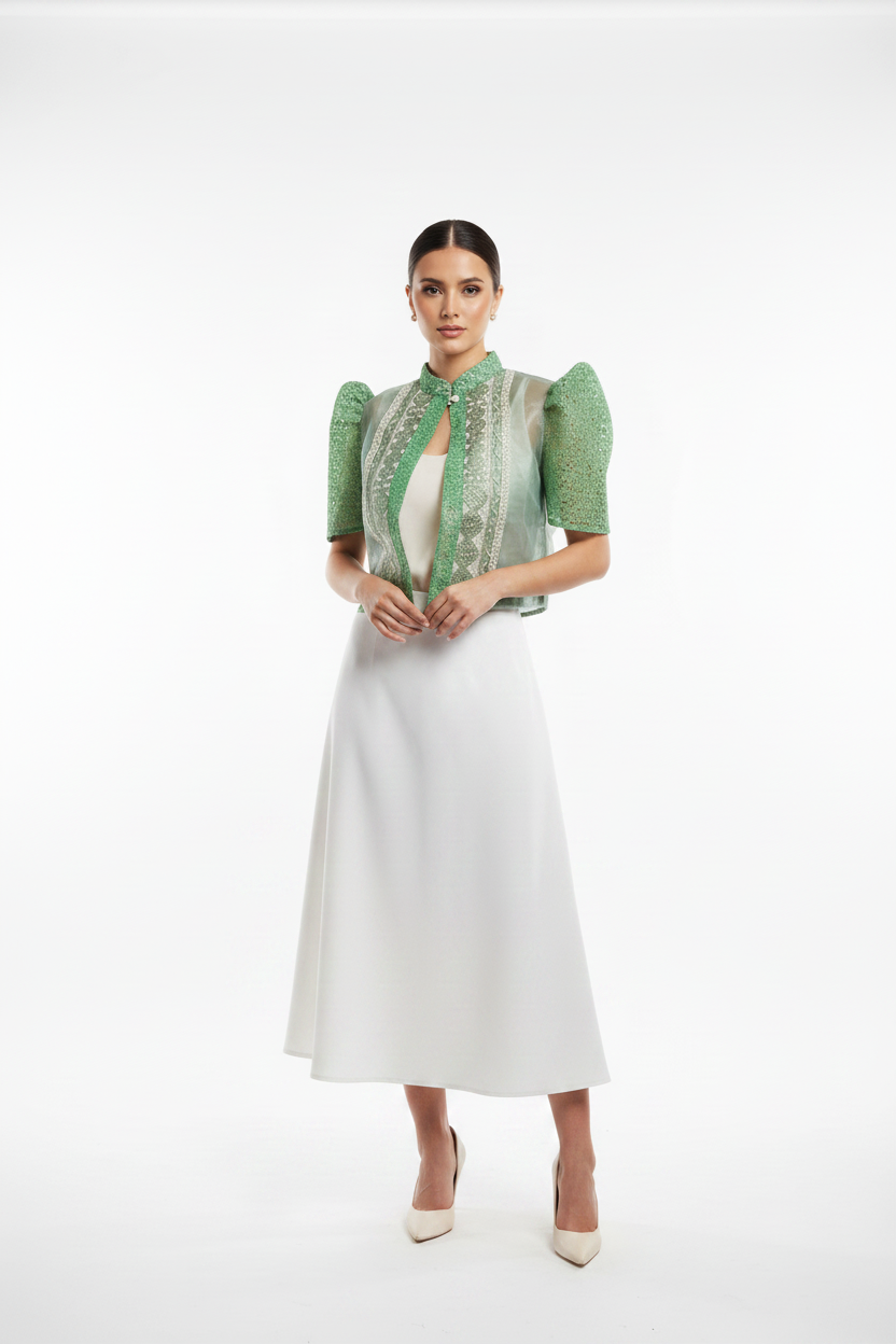Green Lace Bolero with White A-line Skirt