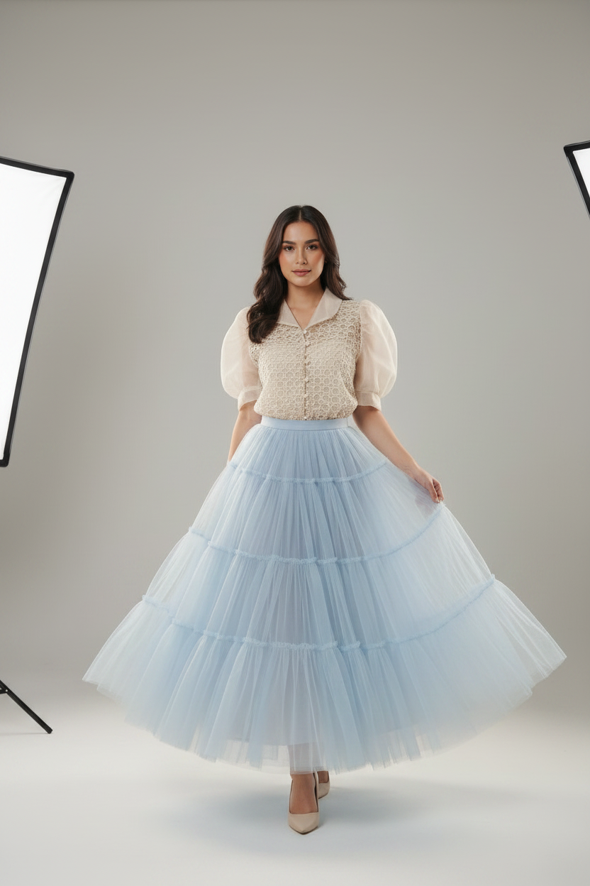 Ivory Crochet Lace Blouse with Pastel Blue Tulle Skirt