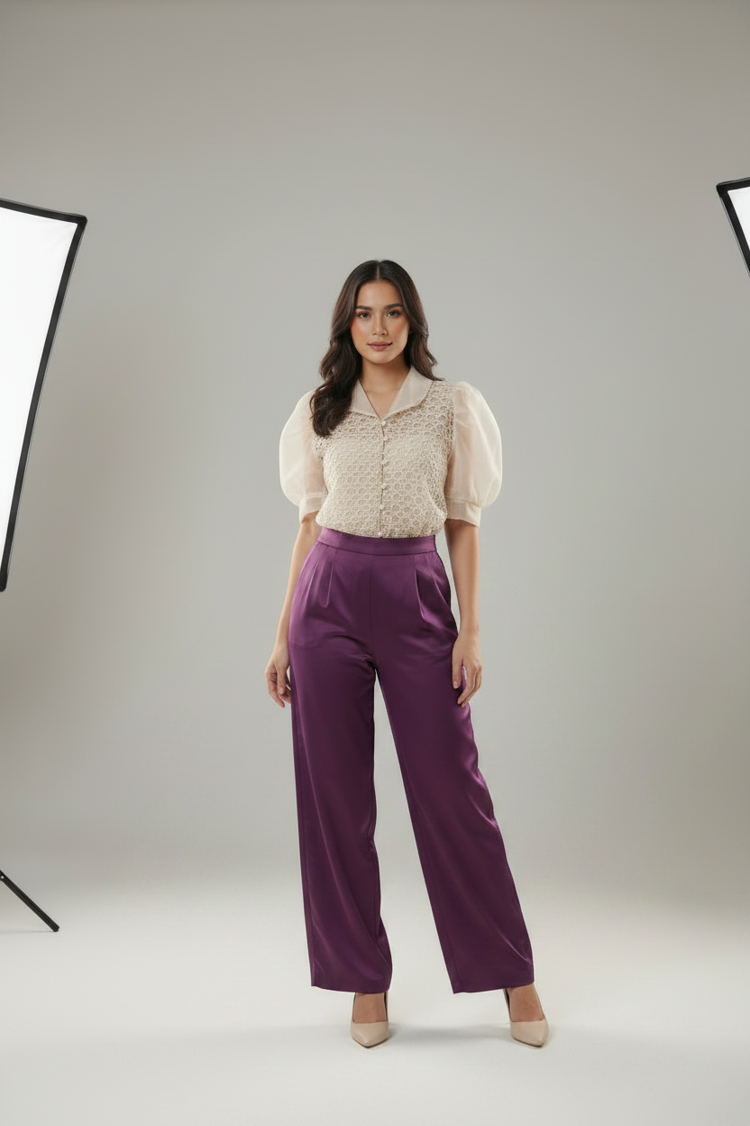 Ivory Crochet Lace Blouse with Purple Pants