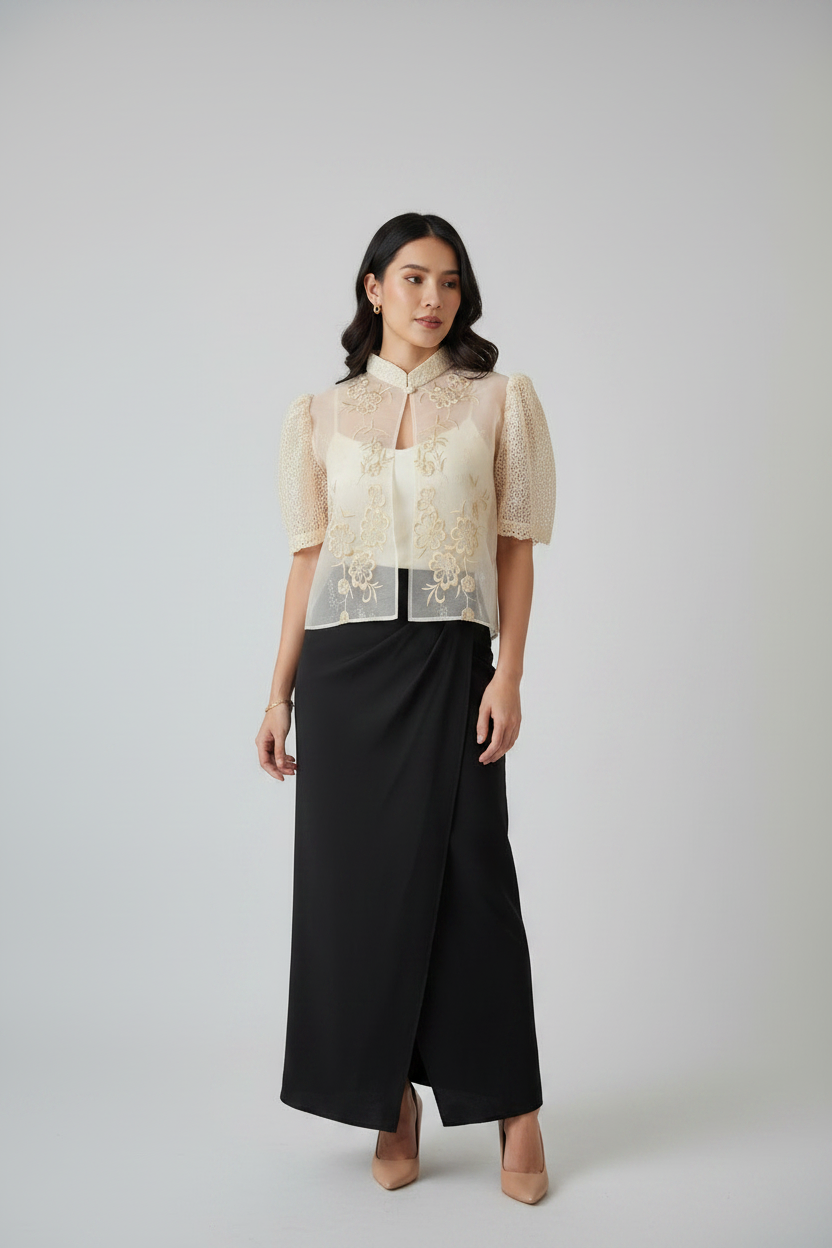 Ivory Floral Blouse with Black Wrap Maxi Skirt