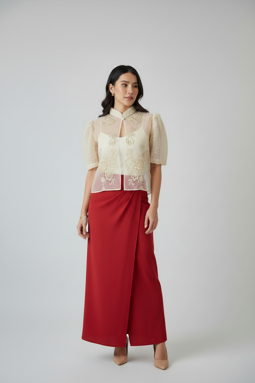 Ivory Floral Blouse with Red Square Pants