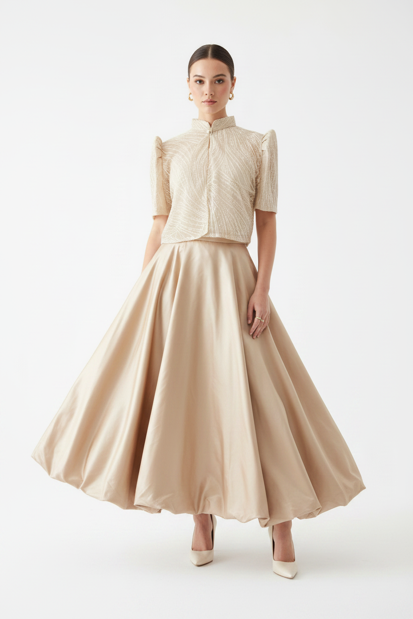 Ivory Lace Blouse with Champagne Balloon Skirt