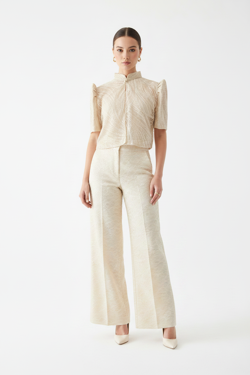 Ivory Lace Blouse with Cream Square Pants
