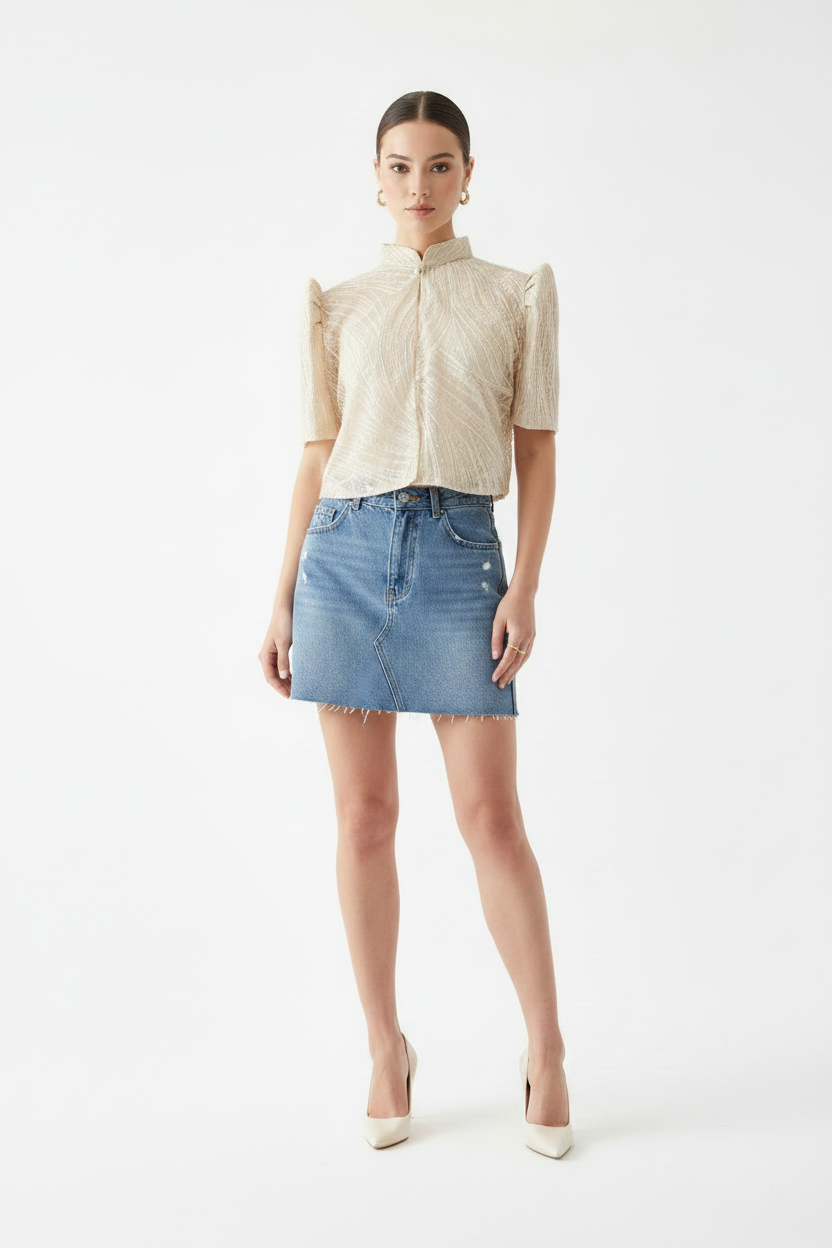 Ivory Lace Blouse with Denim Skirt