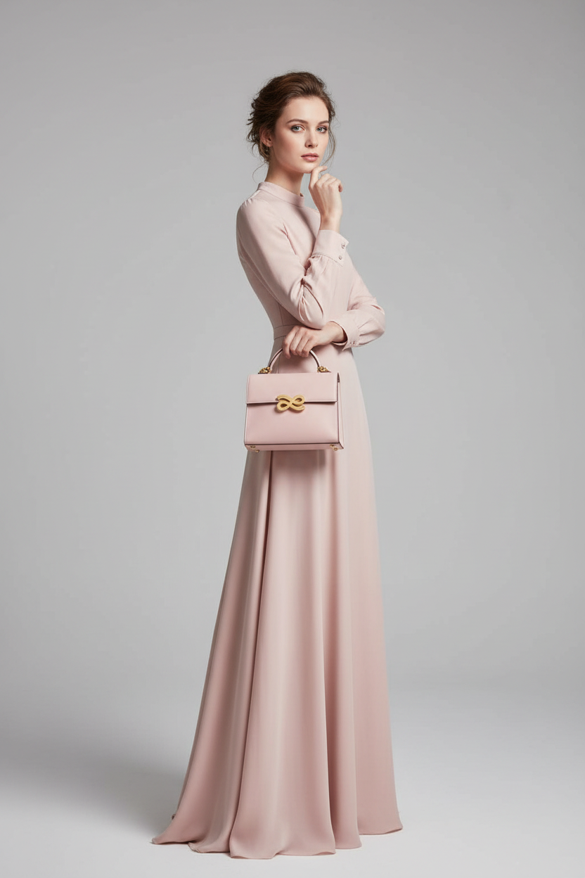 Model in Blush Pink Dress with Matching Bag
