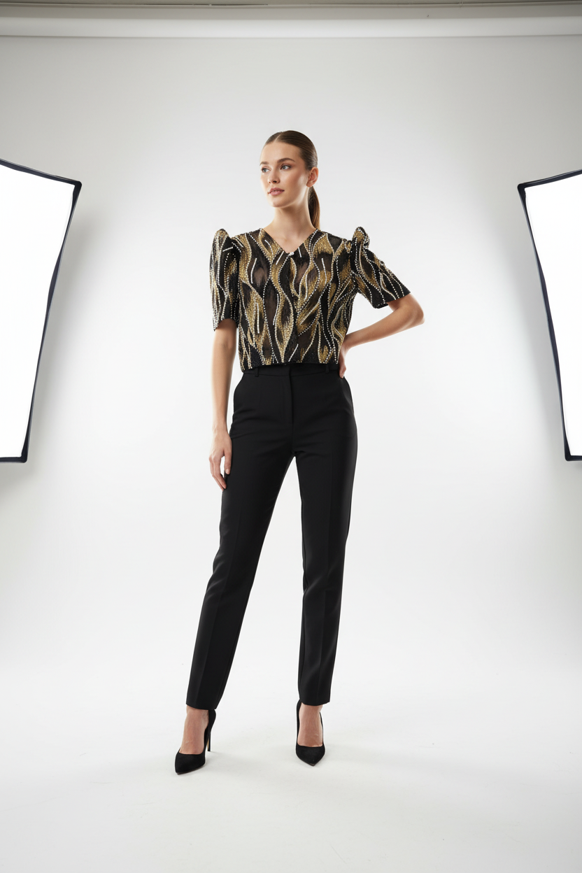 Model Wearing Black Gold Pearl-Beaded Blouse
