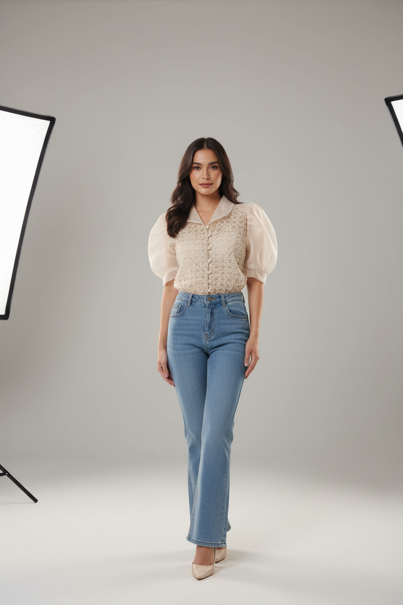 Model Wearing Cream Crochet Lace Blouse