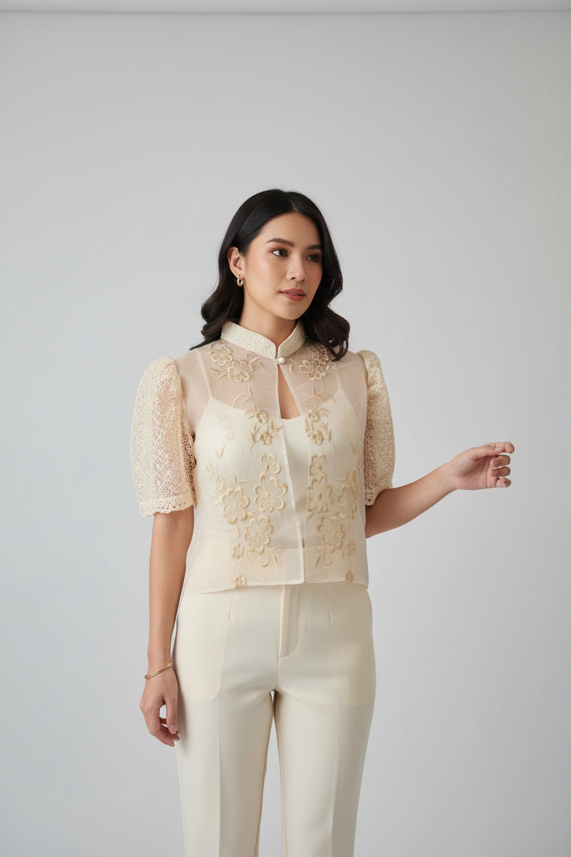 Model Wearing Cream Floral Embroidered Blouse