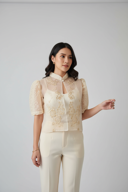 Model Wearing Cream Floral Embroidered Blouse