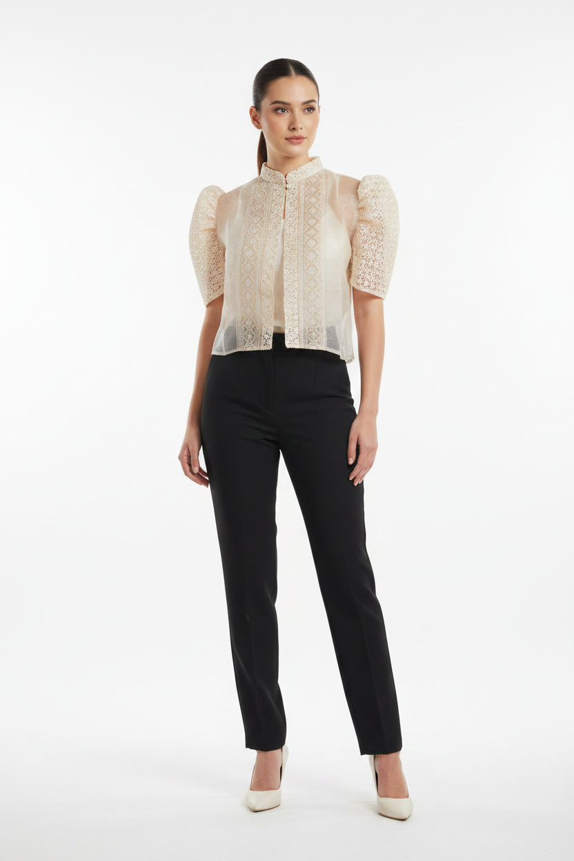 Model Wearing Cream Geometric Crochet Lace Bolero