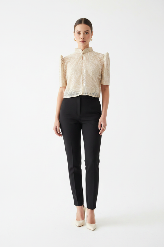Model Wearing Cream Lace Bolero