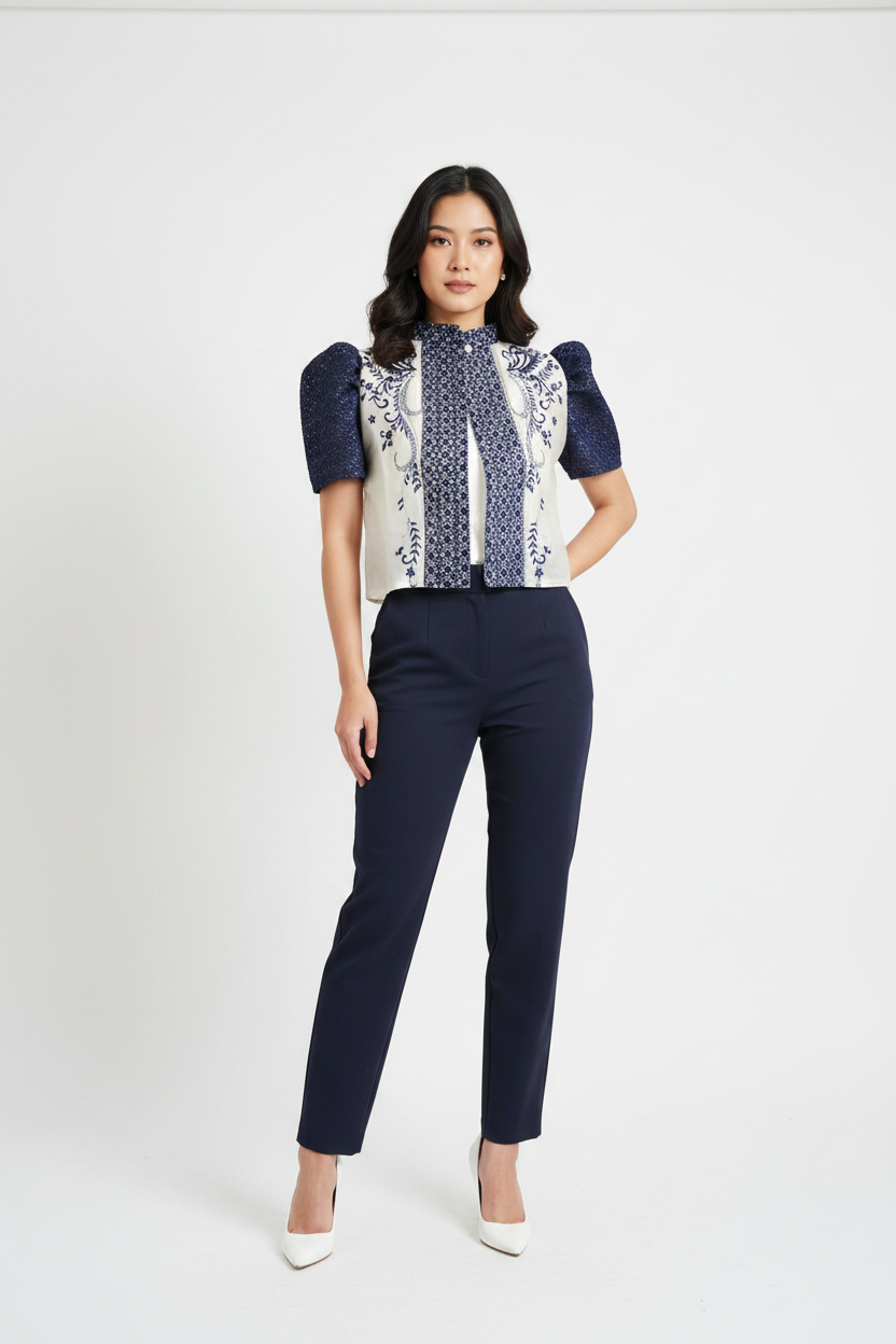 Model Wearing Navy Blue & White Bolero